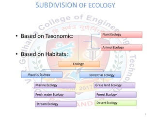 SUBDIVISION OF ECOLOGY
• Based on Taxonomic: Plant Ecology
Animal Ecology
• Based on Habitats:
Ecology
Aquatic Ecology Terrestrial Ecology
Marine Ecology
Fresh water Ecology
Grass land Ecology
Forest Ecology
Stream Ecology Desert Ecology
7
 