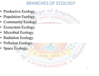 BRANCHES OF ECOLOGY
• Productive Ecology.
• Population Ecology.
• Community Ecology.
• Ecosystem Ecology.
• Microbial Ecology.
• Radiation Ecology.
• Pollution Ecology.
• Space Ecology.
9
 