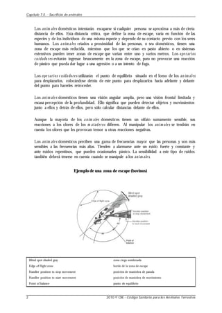 Los anim ales domésticos intentarán escaparse si cualquier persona se aproxima a más de cierta
distancia de ellos. Esta distancia crítica, que define la zona de escape, varía en función de las
especies y de los individuos de una misma especie y depende de su contacto previo con los seres
humanos. Los anim ales criados a proximidad de las personas, o sea domésticos, tienen una
zona de escape más reducida, mientras que los que se crían en pasto abierto o en sistemas
extensivos pueden tener zonas de escape que varían entre uno y varios metros. Los ope rarios
cuidado res evitarán ingresar bruscamente en la zona de escape, para no provocar una reacción
de pánico que pueda dar lugar a una agresión o a un intento de fuga.
Los ope rarios c uidadore s utilizarán el punto de equilibrio situado en el lomo de los an im ales
para desplazarlos, colocándose detrás de este punto para desplazarlos hacia adelante y delante
del punto para hacerles retroceder.
Los anim ale s domésticos tienen una visión angular amplia, pero una visión frontal limitada y
escasa percepción de la profundidad. Ello significa que pueden detectar objetos y movimientos
junto a ellos y detrás de ellos, pero sólo calcular distancias delante de ellos.
Aunque la mayoría de los anim ales domésticos tienen un olfato sumamente sensible, sus
reacciones a los olores de los m ataderos difieren. Al manipular los anim ale s se tendrán en
cuenta los olores que les provocan temor u otras reacciones negativas.
Los anim ale s domésticos perciben una gama de frecuencias mayor que las personas y son más
sensibles a las frecuencias más altas. Tienden a alarmarse ante un ruido fuerte y constante y
ante ruidos repentinos, que pueden ocasionarles pánico. La sensibilidad a este tipo de ruidos
también deberá tenerse en cuenta cuando se manipule a los anim ale s.
Ejemplo de una zona de escape (bovinos)
Blind spot shaded gray
Edge of flight zone
Handler position to stop movement
Handler position to start movement
Point of balance
zona ciega sombreada
borde de la zona de escape
posición de maniobra de parada
posición de maniobra de movimiento
punto de equilibrio
Capítulo 7.5. - Sacrificio de animales
2 2010 © OIE - Código Sanitario para los Animales Terrestres
 