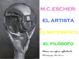 M.C.ESCHER:

EL ARTISTA

el matemático

 el filósofo
Mano con esfera reflectante
1935.Litografía, 318 x 213 mm
 