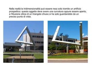 Nella realtà la tridimensionalità può essere resa solo tramite un artificio
prospettico: questo oggetto deve avere una curvatura oppure essere aperto,
e l'illusione ottica di un triangolo chiuso si ha solo guardandolo da un
preciso punto di vista.
 