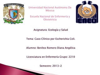 Universidad Nacional Autónoma De
              México

   Escuela Nacional de Enfermería y
             Obstetricia



     Asignatura: Ecología y Salud


Tema: Caso Clínico por Escherichia Coli.


Alumno: Benítez Romero Diana Angélica


Licenciatura en Enfermería Grupo: 2210


          Semestre: 2013-2
 