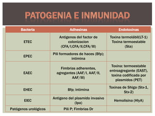 Bacteria

Adhesinas

Endotoxinas

ETEC

Antigenos del factor de
colonizacion
(CFA/I,CFA/II,CFA/III)

Toxina termolábil(LT-1)
Toxina termoestable
(Sta)

EPEC

Pili formadores de haces (Bfp);
intimina

EAEC

Fimbrias adherentes,
agregantes (AAF/I, AAF/II,
AAF/III)

Toxina: termoestable
entroagregante (EAST),
toxina codificada por
plasmidos (PET)

EHEC

Bfp; intimina

Toxinas de Shiga (Stx-1,
Stx-2)

EIEC

Antigeno del plasmido invasivo
(Ipa)

Hemolisina (HlyA)

Patógenos urológicos

Pili P; Fimbrias Dr

 