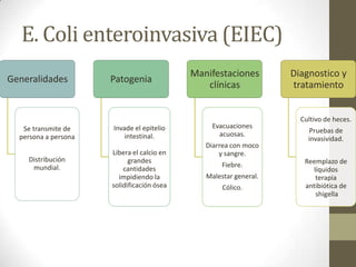 E. Coli enteroinvasiva (EIEC)
Generalidades
Se transmite de
persona a persona
Distribución
mundial.
Patogenia
Invade el epitelio
intestinal.
Libera el calcio en
grandes
cantidades
impidiendo la
solidificación ósea
Manifestaciones
clínicas
Evacuaciones
acuosas.
Diarrea con moco
y sangre.
Fiebre.
Malestar general.
Cólico.
Diagnostico y
tratamiento
Cultivo de heces.
Pruebas de
invasividad.
Reemplazo de
líquidos
terapia
antibiótica de
shigella
 