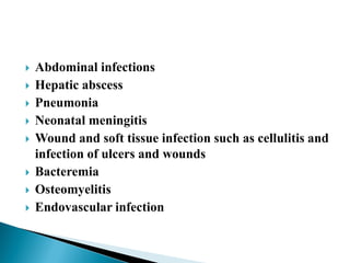  Abdominal infections
 Hepatic abscess
 Pneumonia
 Neonatal meningitis
 Wound and soft tissue infection such as cellulitis and
infection of ulcers and wounds
 Bacteremia
 Osteomyelitis
 Endovascular infection
 