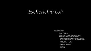 Escherichia coli
PRESENTED BY
SALOMI.V,
I M.SC MICROBIOLOGY,
SACRED HEART COLLEGE,
TIRUPATTUR,
TAMIL NADU,
INDIA.
 