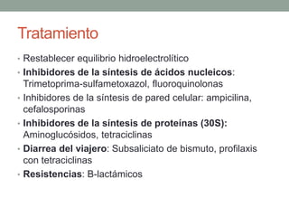 Tratamiento
• Restablecer equilibrio hidroelectrolítico
• Inhibidores de la síntesis de ácidos nucleicos:
Trimetoprima-sulfametoxazol, fluoroquinolonas
• Inhibidores de la síntesis de pared celular: ampicilina,
cefalosporinas
• Inhibidores de la síntesis de proteínas (30S):
Aminoglucósidos, tetraciclinas
• Diarrea del viajero: Subsaliciato de bismuto, profilaxis
con tetraciclinas
• Resistencias: B-lactámicos
 