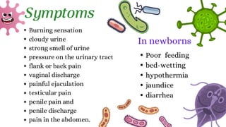 Burning sensation
cloudy urine
strong smell of urine
pressure on the urinary tract
flank or back pain
vaginal discharge
painful ejaculation
testicular pain
penile pain and
penile discharge
pain in the abdomen.
Symptoms
In newborns
Poor feeding
bed-wetting
hypothermia
jaundice
diarrhea
 