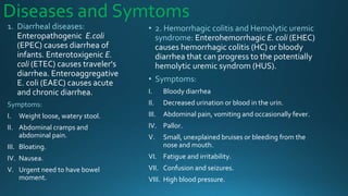 Diseases and Symtoms
1. Diarrheal diseases:
Enteropathogenic E.coli
(EPEC) causes diarrhea of
infants. Enterotoxigenic E.
coli (ETEC) causes traveler’s
diarrhea. Enteroaggregative
E. coli (EAEC) causes acute
and chronic diarrhea.
Symptoms:
I. Weight loose, watery stool.
II. Abdominal cramps and
abdominal pain.
III. Bloating.
IV. Nausea.
V. Urgent need to have bowel
moment.
• 2. Hemorrhagic colitis and Hemolytic uremic
syndrome: Enterohemorrhagic E. coli (EHEC)
causes hemorrhagic colitis (HC) or bloody
diarrhea that can progress to the potentially
hemolytic uremic syndrom (HUS).
• Symptoms:
I. Bloody diarrhea
II. Decreased urination or blood in the urin.
III. Abdominal pain, vomiting and occasionally fever.
IV. Pallor.
V. Small, unexplained bruises or bleeding from the
nose and mouth.
VI. Fatigue and irritability.
VII. Confusion and seizures.
VIII. High blood pressure.
 