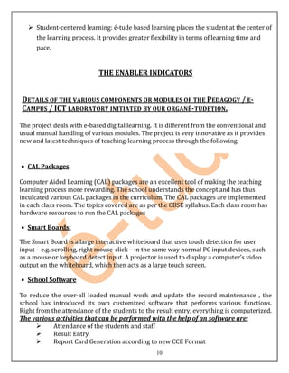  Student-centered learning: é-tude based learning places the student at the center of
      the learning process. It provides greater flexibility in terms of learning time and
      pace.


                             THE ENABLER INDICATORS


DETAILS OF THE VARIOUS COMPONENTS OR MODULES OF THE PEDAGOGY / E-
CAMPUS / ICT LABORATORY INITIATED BY OUR ORGANÉ-TUDETION.

The project deals with e-based digital learning. It is different from the conventional and
usual manual handling of various modules. The project is very innovative as it provides
new and latest techniques of teaching-learning process through the following:


  CAL Packages

Computer Aided Learning (CAL) packages are an excellent tool of making the teaching
learning process more rewarding. The school understands the concept and has thus
inculcated various CAL packages in the curriculum. The CAL packages are implemented
in each class room. The topics covered are as per the CBSE syllabus. Each class room has
hardware resources to run the CAL packages

  Smart Boards:

The Smart Board is a large interactive whiteboard that uses touch detection for user
input – e.g. scrolling, right mouse-click – in the same way normal PC input devices, such
as a mouse or keyboard detect input. A projector is used to display a computer’s video
output on the whiteboard, which then acts as a large touch screen.

  School Software

To reduce the over-all loaded manual work and update the record maintenance , the
school has introduced its own customized software that performs various functions.
Right from the attendance of the students to the result entry, everything is computerized.
The various activities that can be performed with the help of an software are:
           Attendance of the students and staff
           Result Entry
           Report Card Generation according to new CCE Format
                                                  10
 