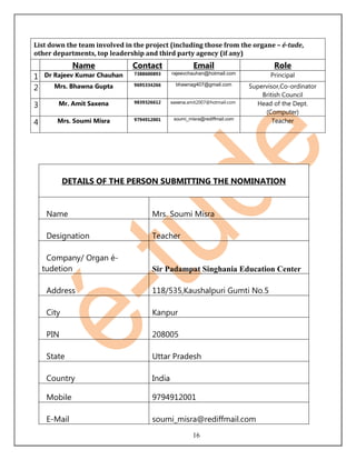 List down the team involved in the project (including those from the organe – é-tude,
other departments, top leadership and third party agency (if any)
              Name             Contact                Email                        Role
1   Dr Rajeev Kumar Chauhan    7388600893    rajeevchauhan@hotmail.com            Principal

2      Mrs. Bhawna Gupta       9695334266      bhawnag407@gmail.com        Supervisor,Co-ordinator
                                                                               British Council
3       Mr. Amit Saxena        9839326612    saxena.amit2007@hotmail.com     Head of the Dept.
                                                                                (Computer)
4       Mrs. Soumi Misra       9794912001     soumi_misra@rediffmail.com
                                                                                   Teacher




            DETAILS OF THE PERSON SUBMITTING THE NOMINATION



     Name                            Mrs. Soumi Misra

     Designation                     Teacher

     Company/ Organ é-
    tudetion                         Sir Padampat Singhania Education Center

     Address                         118/535,Kaushalpuri Gumti No.5

     City                            Kanpur

     PIN                             208005

     State                           Uttar Pradesh

     Country                         India

     Mobile                          9794912001

     E-Mail                          soumi_misra@rediffmail.com
                                                      16
 
