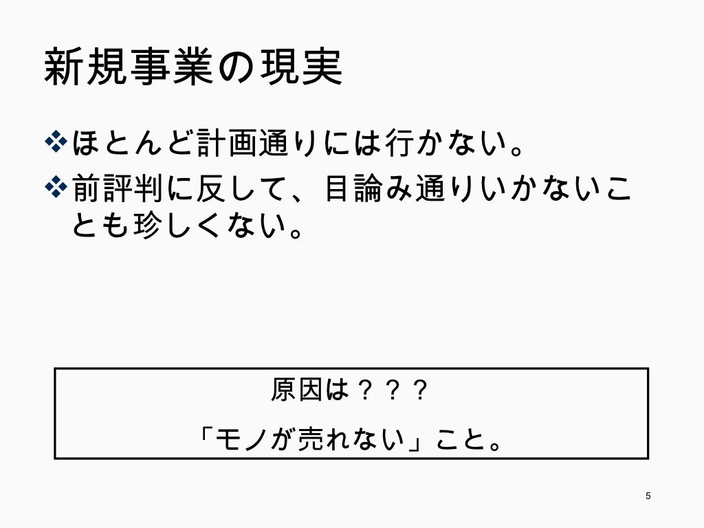新規事業の現実 Ul Li ほとんど計画通りには行かない Li Ul Ul Li 前評判に反して 目論み通りいかないこと