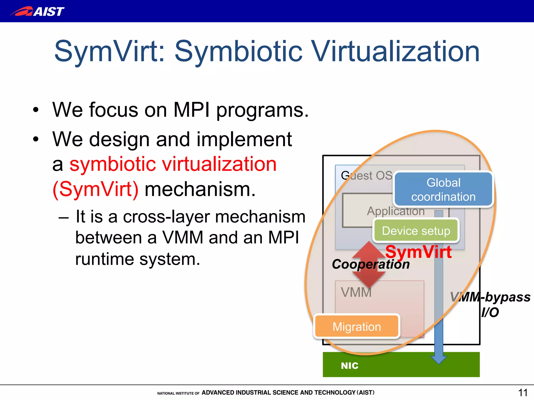 SymVirt: Symbiotic Virtualization
•  We focus on MPI programs.
•  We design and implement
   a symbiotic virtualization         Guest OS
                                                        Global
   (SymVirt) mechanism.                              coordination
                                            Application
  –  It is a cross-layer mechanism
                                                 Device setup
     between a VMM and an MPI
     runtime system.                             SymVirt
                                     Cooperation

                                      VMM                   VMM-bypass
                                                               I/O
                                     Migration


                                      NIC


                                                                    11
 