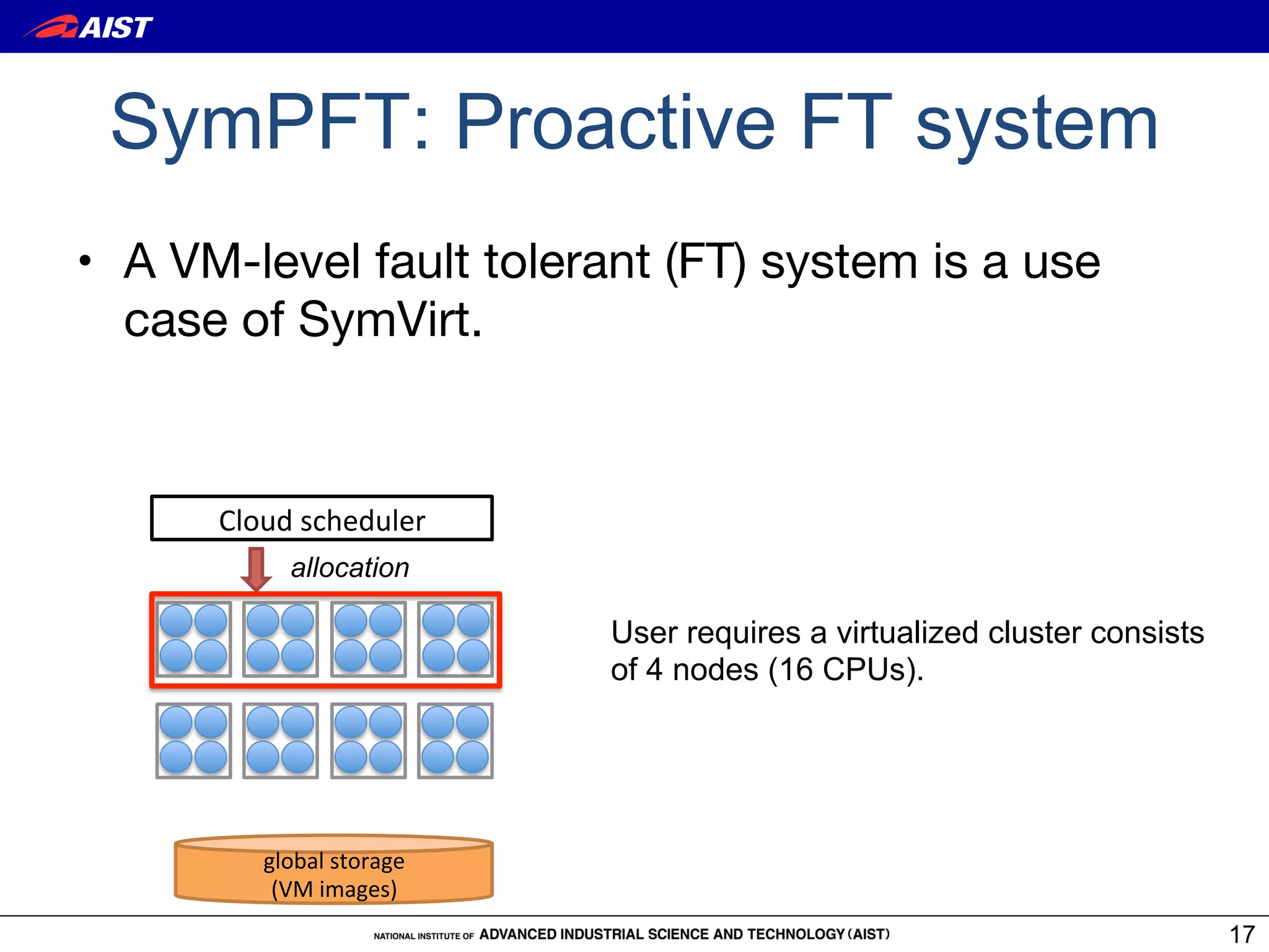 SymPFT: Proactive FT system
•  A VM-level fault tolerant (FT) system is a use
   case of SymVirt.


      Cloud&scheduler
           allocation

                           User requires a virtualized cluster consists
                           of 4 nodes (16 CPUs).




         global&storage&
          (VM&images)
                                                                          17
 