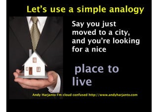 Let’s use a simple analogy 
Say you just 
moved to a city, 
and you’re looking 
for a nice 
place to 
live 
Andy Harjanto I’m cloud confused http://www.andyharjanto.com 
 