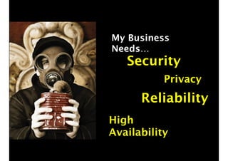 My Business 
Needs… 
Security 
Privacy 
Reliability 
High 
Availability 
 