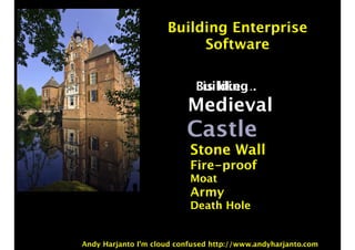 Building Enterprise 
Software 
Biusi lldikineg… . 
Medieval 
Castle 
Stone Wall 
Fire-proof 
Moat 
Army 
Death Hole 
Andy Harjanto I’m cloud confused http://www.andyharjanto.com 
 