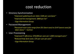 cost 
reduction 
• Directory 
Synchronization 
“Improved 
updating 
of 
user 
data: 
$185 
per 
user/year” 
“Improved 
list 
management: 
$800 
per 
list” 
-­‐ 
Giga 
Information 
Group 
• Password 
Management 
“Password 
reset 
costs 
range 
from 
$51 
(best 
case) 
to 
$147 
(worst 
case) 
for 
labor 
alone.” 
– 
Gartner 
• User 
Provisioning 
“Improved 
IT 
efficiency: 
$70,000 
per 
year 
per 
1,000 
managed 
users” 
“Reduced 
help 
desk 
costs: 
$75 
per 
user 
per 
year” 
-­‐ 
Giga 
Information 
Group 
 