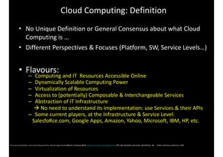 Cloud	Computing:	Definition
• No	Unique	Definition	or	General	Consensus	about	what	Cloud	
Computing	is	…	
• Different	Perspectives	&	Focuses	(Platform,	SW,	Service	Levels…)	
• Flavours:	
– Computing	and	IT		Resources	Accessible	Online	
– Dynamically	Scalable	Computing	Power		
– Virtualization	of	Resources	
– Access	to	(potentially)	Composable	&	Interchangeable	Services		
– Abstraction	of	IT	Infrastructure		
				!	No	need	to	understand	its	implementation:	use	Services	&	their	APIs	
– Some	current	players,	at	the	Infrastructure	&	Service	Level:		
			SalesfoRce.com,	Google	Apps,	Amazon,	Yahoo,	Microsoft,	IBM,	HP,	etc.
 
 
The	Future	of	Identity	in	the	Cloud:	Requirements,	Risks	&	OpportunitiesMarco Casassa Mont marco.casassa-mont@hp.com HP Labs Systems Security Lab Bristol, UK - EEMA	e-Identity	Conference,	2009 
 
 
