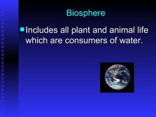 Biosphere Includes all plant and animal life which are consumers of water. 