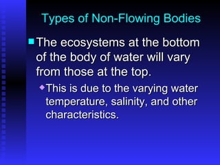 Types of Non-Flowing Bodies The ecosystems at the bottom of the body of water will vary from those at the top.  This is due to the varying water temperature, salinity, and other characteristics. 