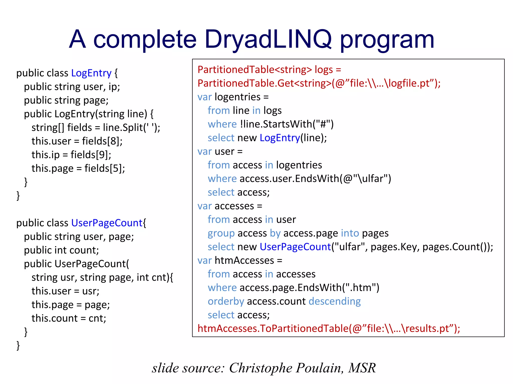 3/12/09 Bill Howe, eScience Institute16
public class LogEntry {
public string user, ip;
public string page;
public LogEntry(string line) {
string[] fields = line.Split(' ');
this.user = fields[8];
this.ip = fields[9];
this.page = fields[5];
}
}
public class UserPageCount{
public string user, page;
public int count;
public UserPageCount(
string usr, string page, int cnt){
this.user = usr;
this.page = page;
this.count = cnt;
}
}
PartitionedTable<string> logs =
PartitionedTable.Get<string>(@”file:…logfile.pt”);
var logentries =
from line in logs
where !line.StartsWith("#")
select new LogEntry(line);
var user =
from access in logentries
where access.user.EndsWith(@"ulfar")
select access;
var accesses =
from access in user
group access by access.page into pages
select new UserPageCount("ulfar", pages.Key, pages.Count());
var htmAccesses =
from access in accesses
where access.page.EndsWith(".htm")
orderby access.count descending
select access;
htmAccesses.ToPartitionedTable(@”file:…results.pt”);
slide source: Christophe Poulain, MSR
A complete DryadLINQ program
 