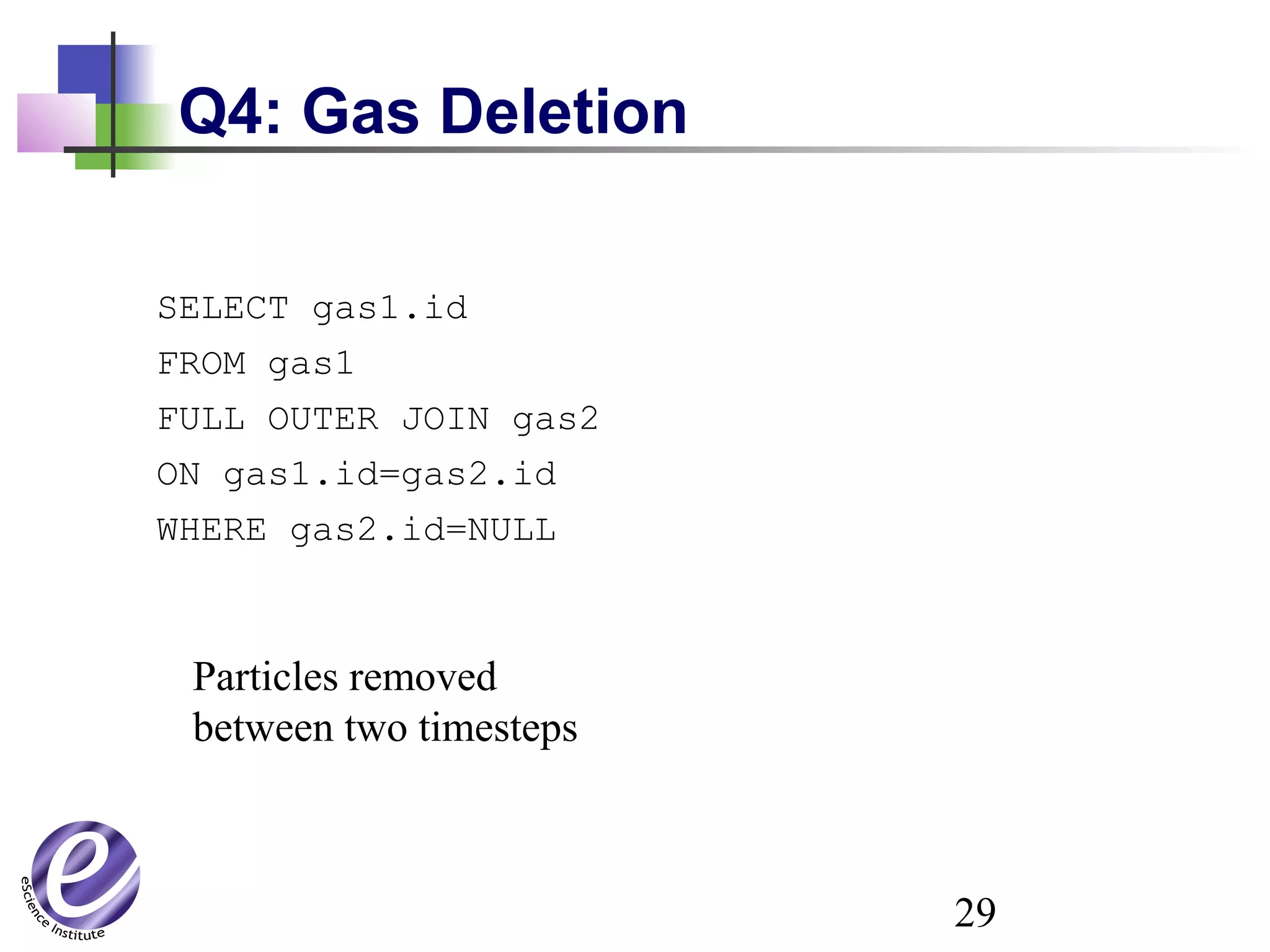 29
Q4: Gas Deletion
SELECT gas1.id
FROM gas1
FULL OUTER JOIN gas2
ON gas1.id=gas2.id
WHERE gas2.id=NULL
Particles removed
between two timesteps
 