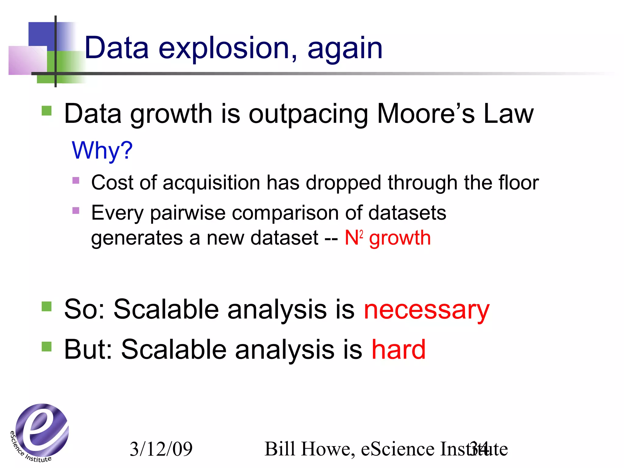 3/12/09 Bill Howe, eScience Institute34
Data explosion, again
 Data growth is outpacing Moore’s Law
Why?
 Cost of acquisition has dropped through the floor
 Every pairwise comparison of datasets
generates a new dataset -- N2
growth
 So: Scalable analysis is necessary
 But: Scalable analysis is hard
 