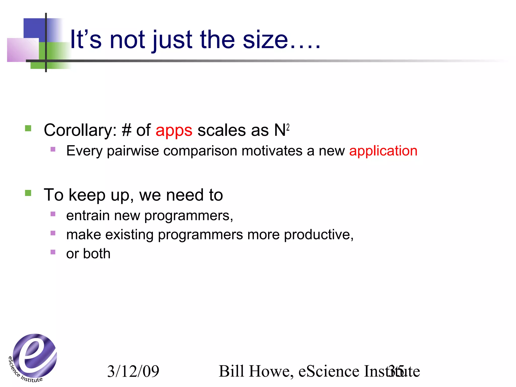 3/12/09 Bill Howe, eScience Institute35
It’s not just the size….
 Corollary: # of apps scales as N2
 Every pairwise comparison motivates a new application
 To keep up, we need to
 entrain new programmers,
 make existing programmers more productive,
 or both
 
