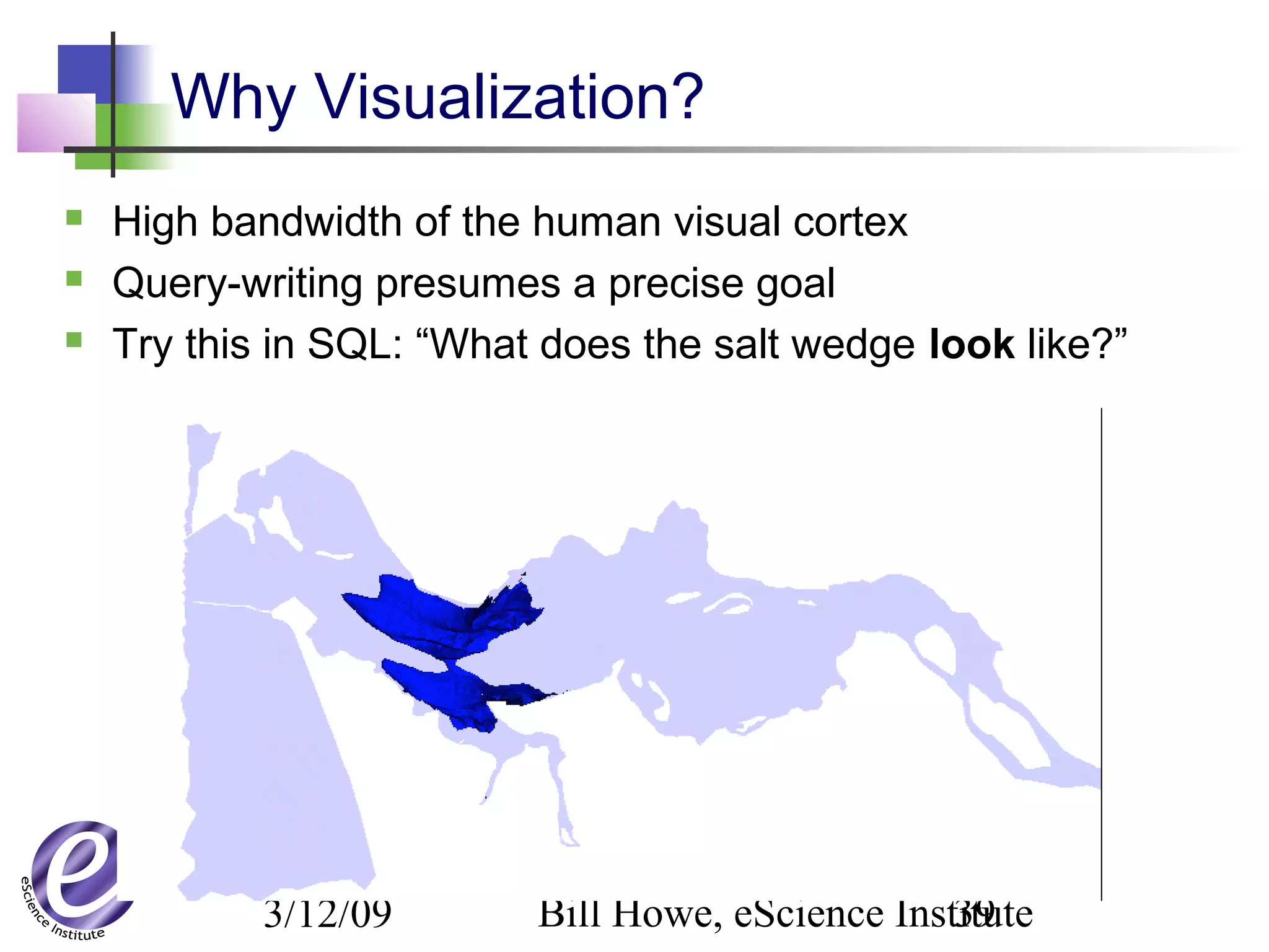 3/12/09 Bill Howe, eScience Institute39
Why Visualization?
 High bandwidth of the human visual cortex
 Query-writing presumes a precise goal
 Try this in SQL: “What does the salt wedge look like?”
 
