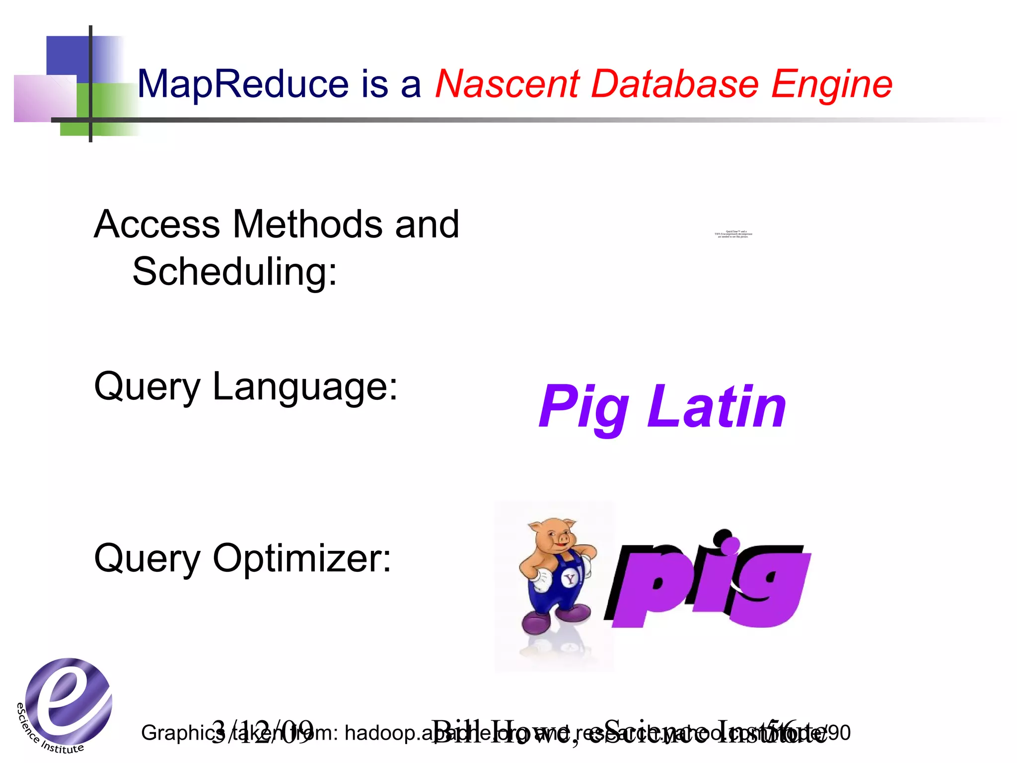 3/12/09 Bill Howe, eScience Institute56
MapReduce is a Nascent Database Engine
Access Methods and
Scheduling:
Query Language:
Query Optimizer:
QuickTime™ and a
TIFF (Uncompressed) decompressor
are needed to see this picture.
Pig Latin
Graphics taken from: hadoop.apache.org and research.yahoo.com/node/90
 