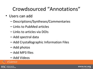 Crowdsourced “Annotations”
• Users can add
– Descriptions/Syntheses/Commentaries
– Links to PubMed articles
– Links to art...