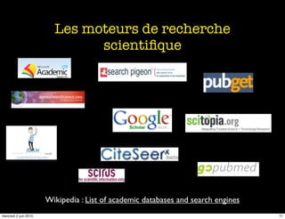 Les moteurs de recherche
                               scientiﬁque




                       Wikipedia : List of academi...