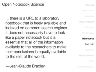 Open Notebook Science

Biology
Environment

... there is a URL to a laboratory
notebook that is freely available and
indexed on common search engines.
It does not necessarily have to look
like a paper notebook but it is
essential that all of the information
available to the researchers to make
their conclusions is equally available
to the rest of the world.

Molecular
Data Analysis
eScience
iPlant Galaxy
Notebooks
Rationale
Platforms
Open Science
Data

—Jean-Claude Bradley

everything else...

 