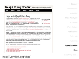 Biology
Environment
Molecular
Data Analysis
eScience
iPlant Galaxy
Notebooks
Rationale
Platforms
Open Science
Data

http://ivory.idyll.org/blog/

everything else...

 