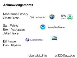 Acknowledgements
Mackenzie Gavery
Claire Olson
Sam White
Brent Vadopalas
Jake Heare
Bill Howe
Dan Halperin
EPA
STAR
Aquaculture Program
DNA methylation
 
