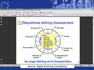Rôles pour les bibliothèques (2)
 “Data repositories may become the new
special collections for research libraries”
(Borg...