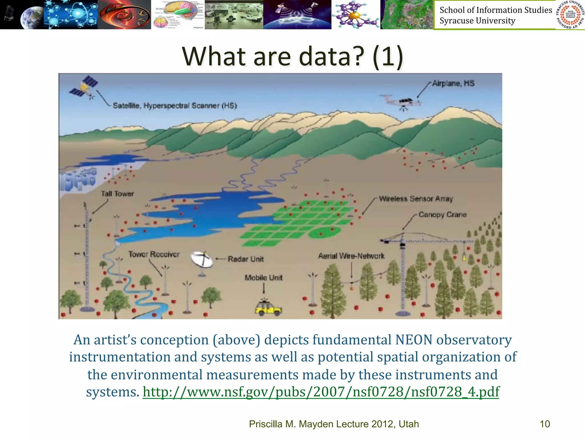 School	
  of	
  Information	
  Studies	
  	
  	
  	
  	
  	
  	
  	
  	
  	
  	
  	
  	
  	
  	
  	
  	
  
                                                                                    Syracuse	
  University	
  



                         What	
  are	
  data?	
  (1)	
  




 An	
  artist’s	
  conception	
  (above)	
  depicts	
  fundamental	
  NEON	
  observatory	
  
instrumentation	
  and	
  systems	
  as	
  well	
  as	
  potential	
  spatial	
  organization	
  of	
  
   the	
  environmental	
  measurements	
  made	
  by	
  these	
  instruments	
  and	
  
   systems.	
  http://www.nsf.gov/pubs/2007/nsf0728/nsf0728_4.pdf	
  	
  

                                         Priscilla M. Mayden Lecture 2012, Utah                                                                             10
 