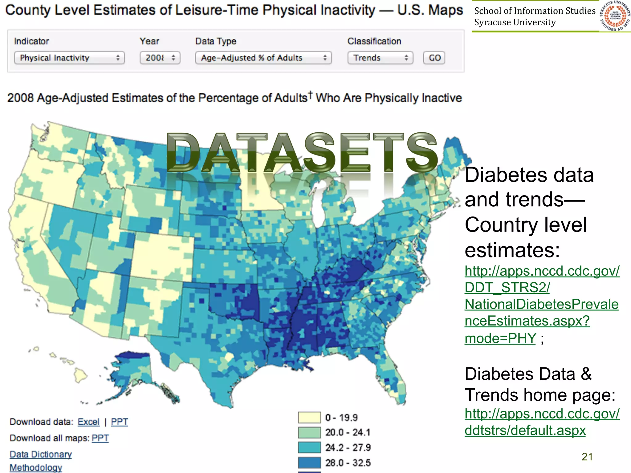 School	
  of	
  Information	
  Studies	
  	
  	
  	
  	
  	
  	
  	
  	
  	
  	
  	
  	
  	
  	
  	
  	
  
                                          Syracuse	
  University	
  




                                         Diabetes data
                                         and trends—
                                         Country level
                                         estimates:
                                         http://apps.nccd.cdc.gov/
                                         DDT_STRS2/
                                         NationalDiabetesPrevale
                                         nceEstimates.aspx?
                                         mode=PHY ;

                                         Diabetes Data &
                                         Trends home page:
                                         http://apps.nccd.cdc.gov/
                                         ddtstrs/default.aspx
Priscilla M. Mayden Lecture 2012, Utah                                                                            21
 