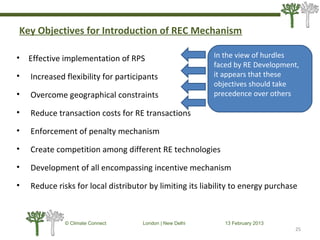 Key Objectives for Introduction of REC Mechanism
• Effective implementation of RPS
• Increased flexibility for participants
• Overcome geographical constraints
• Reduce transaction costs for RE transactions
• Enforcement of penalty mechanism
• Create competition among different RE technologies
• Development of all encompassing incentive mechanism
• Reduce risks for local distributor by limiting its liability to energy purchase
25
© Climate Connect London | New Delhi 13 February 2013
25
In the view of hurdles
faced by RE Development,
it appears that these
objectives should take
precedence over others
 
