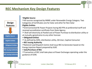 REC Mechanism Key Design Features
28
© Climate Connect London | New Delhi 13 February 2013
28
Design
Features
Eligible Source
Eligible Entities
Obligated Entities
REC Issuing Authority
REC Issuing Authority
•Eligible Source
All sources recognized by MNRE under Renewable Energy Category Two
Categories of Certificates one for Solar and other for Non-Solar
Eligible Entities
Grid Connected RE Power Projects having NO PPA at preferential tariff and
received accreditation certificate from State Agency
 Shall sell electricity at Pooled cost of Power Purchase to distribution utility or
at mutually agreed price to any other licensee
• Obligated Entities
 As defined by SERC, distribution utility, OA User, Captive Consumer
• REC Issuing Authority
National Load Dispatch Centre shall issue REC to Generator based on the
Energy Injection Report prepared by SLDC
• Sale/Purchase of REC
Transaction of REC shall take place at Power Exchanges operating under the
guidance of CERC
 