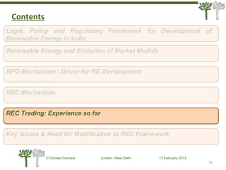 32
© Climate Connect London | New Delhi 13 February 2013
32
Legal, Policy and Regulatory Framework for Development of
Renewable Energy in India
RPO Mechanism : Driver for RE Development
REC Mechanism
REC Trading: Experience so far
Key Issues & Need for Modification to REC Framework
Renewable Energy and Evolution of Market Models
Contents
 