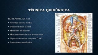 TÉCNICA QUIRÚRGICA
HOHENBERGER et al.
• Abordaje lateral medial
• Diseccion meso fascial
• Maniobra de Kocher*
• Movilización de la raíz mesentérica
• Ligadura vascular completa (LVC)
• Diseccion extracolonica
 
