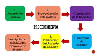 1.
Acuerdo de
Escisión
2.
Protocolización
ante Notario
3.
Constitución
de la Sociedad
4. Convenio
de
Escisión
5.
Publicación
del Acuerdo
de Escisión
6.
Inscripción en
el R.P.C. del
Convenio de
Escisión
 