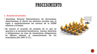 1. Acuerdo de escisión:
 Asamblea General Extraordinaria de Accionistas,
observándose al efecto los estatutos sociales que la
rigen o supletoriamente las normas de la LGSM
relativas a la fusión.
 Se tomará el acuerdo de escisión de lo que se
aportará a la sociedad beneficiaria: bienes, derechos
u obligaciones, en caso de transmitirse obligaciones
se deberá obtener el consentimiento de los
acreedores (Art. 2051 C. C.).
 
