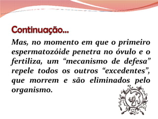 Mas, no momento em que o primeiro espermatozóide penetra no óvulo e o fertiliza, um “mecanismo de defesa” repele todos os outros “excedentes”, que morrem e são eliminados pelo organismo. 