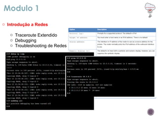 Modulo 1
o Introdução a Redes
o Traceroute Extendido
o Debugging
o Troubleshooting de Redes
 
