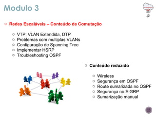 Modulo 3
o Redes Escaláveis – Conteúdo de Comutação
o VTP, VLAN Extendida, DTP
o Problemas com multiplas VLANs
o Configuração de Spanning Tree
o Implementar HSRP
o Troubleshooting OSPF
o Conteúdo reduzido
o Wireless
o Segurança em OSPF
o Route sumarizada no OSPF
o Segurança no EIGRP
o Sumarização manual
 