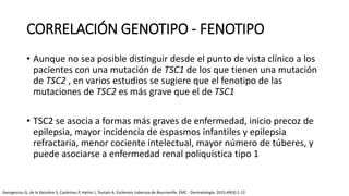 CORRELACIÓN GENOTIPO - FENOTIPO
• Aunque no sea posible distinguir desde el punto de vista clínico a los
pacientes con una mutación de TSC1 de los que tienen una mutación
de TSC2 , en varios estudios se sugiere que el fenotipo de las
mutaciones de TSC2 es más grave que el de TSC1
• TSC2 se asocia a formas más graves de enfermedad, inicio precoz de
epilepsia, mayor incidencia de espasmos infantiles y epilepsia
refractaria, menor cociente intelectual, mayor número de túberes, y
puede asociarse a enfermedad renal poliquística tipo 1
Georgescou G, de la Vaissière S, Castelnau P, Halimi J, Toutain A. Esclerosis tuberosa de Bourneville. EMC - Dermatología. 2015;49(3):1-12.
 