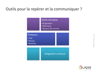 Outils pour la repérer et la communiquer ?
Outils d’analyse
• Duplication
• Métriques
• Respect des normes
© 2013 Elapse Technologies

Pratiques
• TDD
• Revues
• Binômes

Intégration continue

 